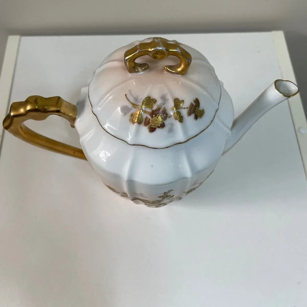 Vintage JC Limoges‎ Teapot Gold Floral Design Porcelain Coffee Tea Server Decor